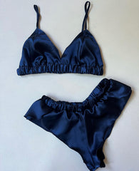 Satin Silk Navy Blue Bralette Top and Shorts Set