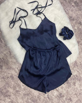 Blue satin silk camisole shorts