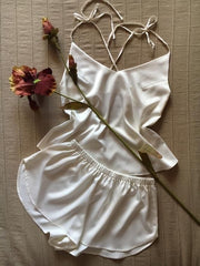 White satin silk camisole shorts