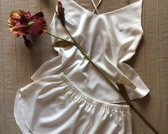 White satin silk camisole shorts
