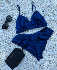 Satin Silk Navy Blue Bralette Top and Shorts Set