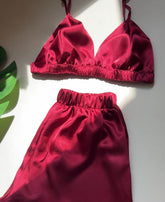 Maroon Silk crop top shorts
