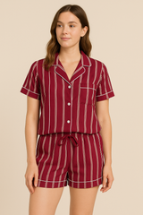 Maroon strips Summer linen collared shirt and shorts