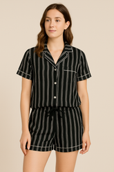 Women’s Black Striped Short Pajama Set – Button-Up Shirt & Drawstring Shorts