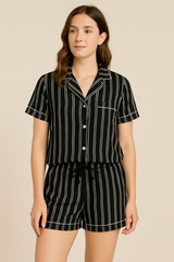 Women’s Black Striped Short Pajama Set – Button-Up Shirt & Drawstring Shorts