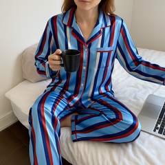 Cherry Luxe Silk Pajama Set – Blue Multi Stripe