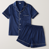 Midnight Blue Satin Pajama Set – Short Sleeve & Shorts