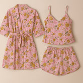 Baby pink fooral summer linen three pcs Gown Cami shorts