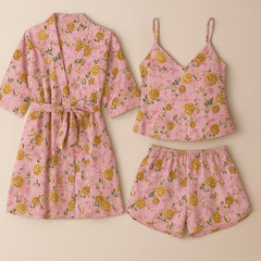 Baby pink fooral summer linen three pcs Gown Cami shorts