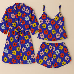 Floral summer linen three pcs Gown Cami shorts