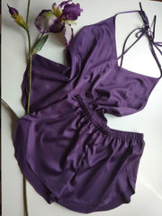 Plum satin silk camisole shorts