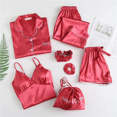 Bridal 7 pcs Red Silk padded cami, shorts, shirt, trousers, pony, and bag