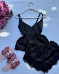 Premium Black satin lace camisole & shorts