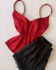 Spaghetti straps contrast maroon cami and black lace trim shorts