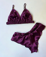 Satin Silk Plum Bralette Top and Shorts Set