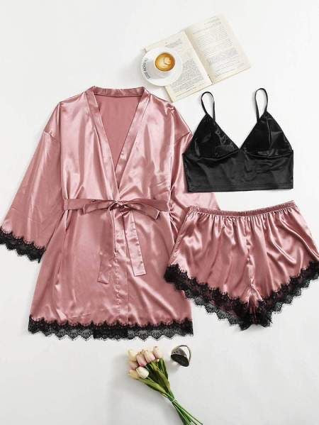 Premium Pink Satin Silk Lace Trim Gown Cami Shorts