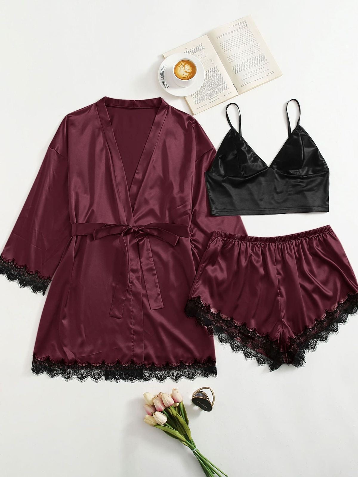 Premium Maroon Satin Silk Lace Trim Gown Cami Shorts