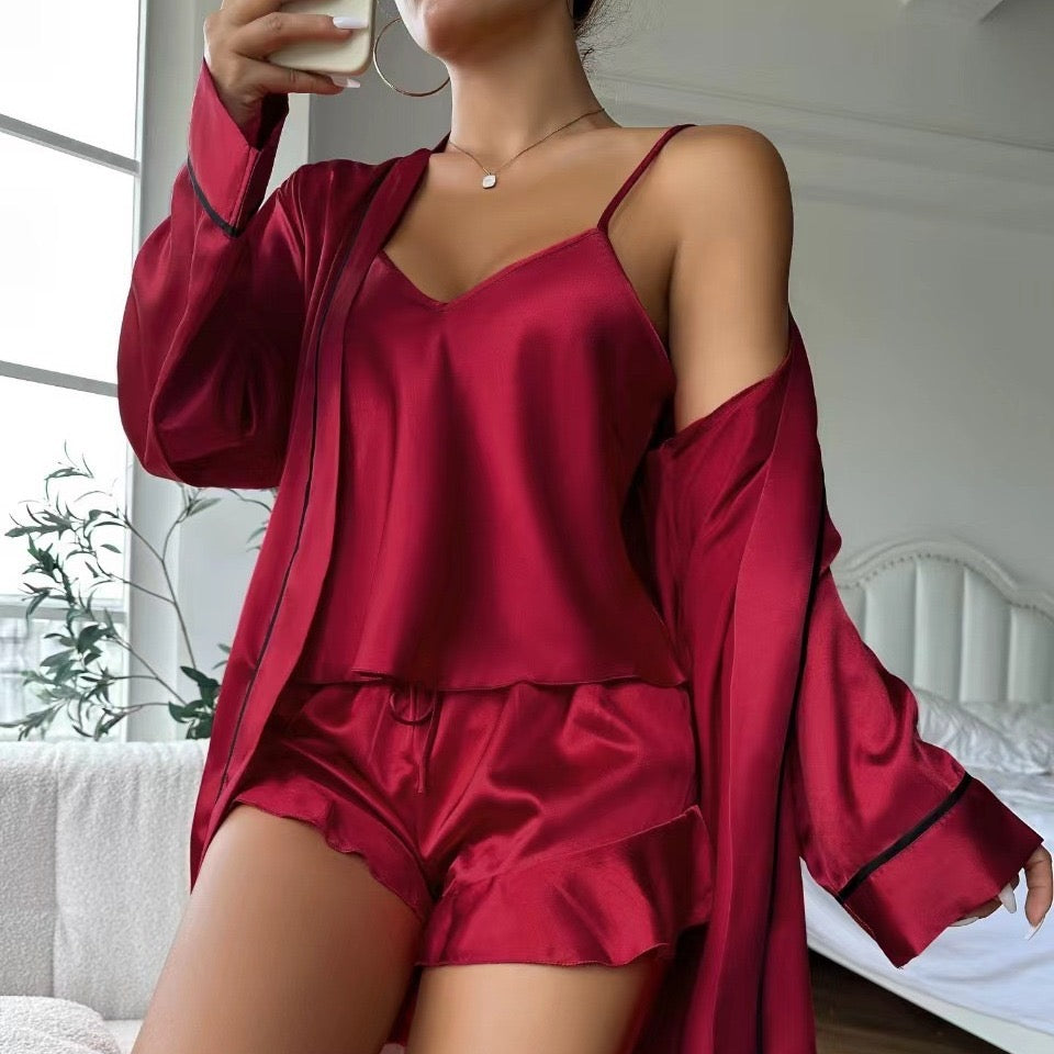 Maroon satin silk three pcs Gown Cami shorts