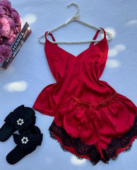 Premium Red satin lace camisole & shorts