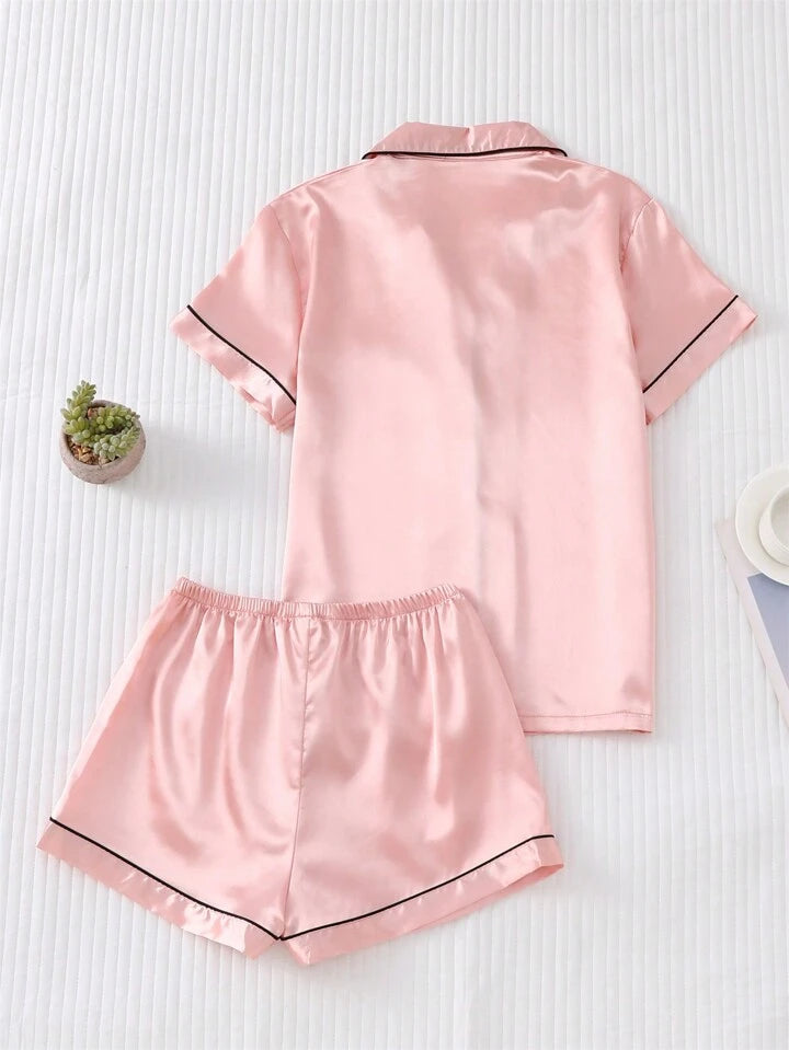 Pink Satin Silk Collar Shirt & Shorts 🩳