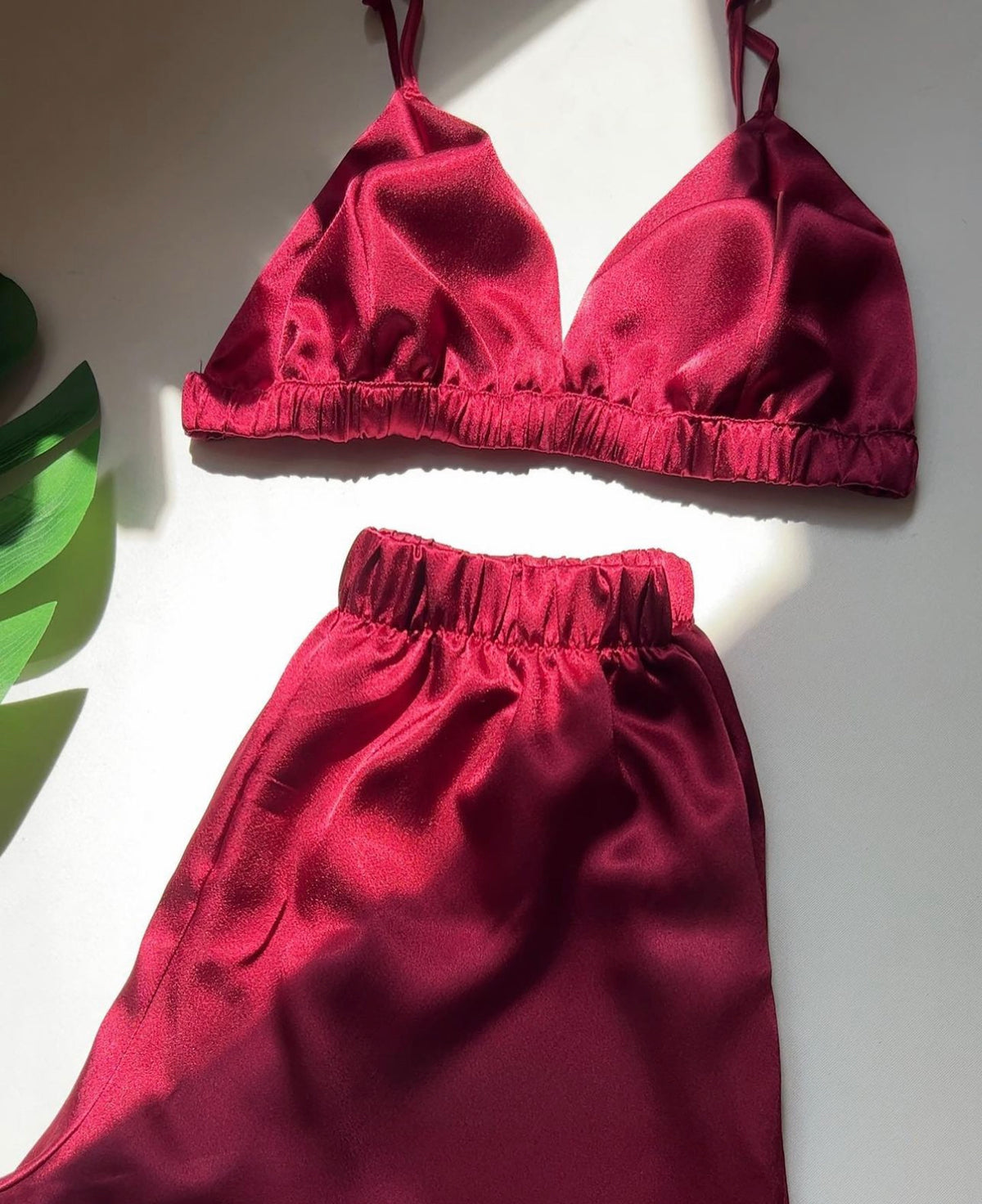 Maroon Silk crop top shorts