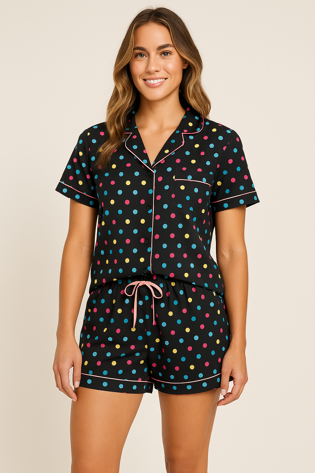 Pyjama Drawstring Shorts Multi polka Short Pajama Set- Button-up shirt and Drawstring shorts ...