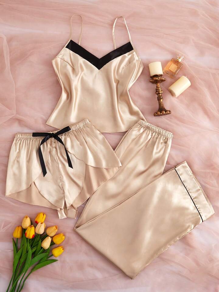 Contrast Trim Satin Cami Top & Shorts & Pants PJ Set