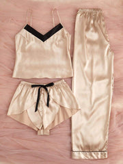 Contrast Trim Satin Cami Top & Shorts & Pants PJ Set